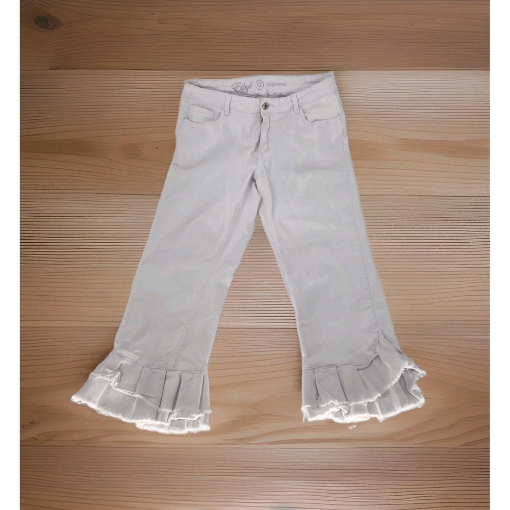 Ethyl Clothing White Jeans Women 12 Ruffled Fringe Denim Cropped City Casual